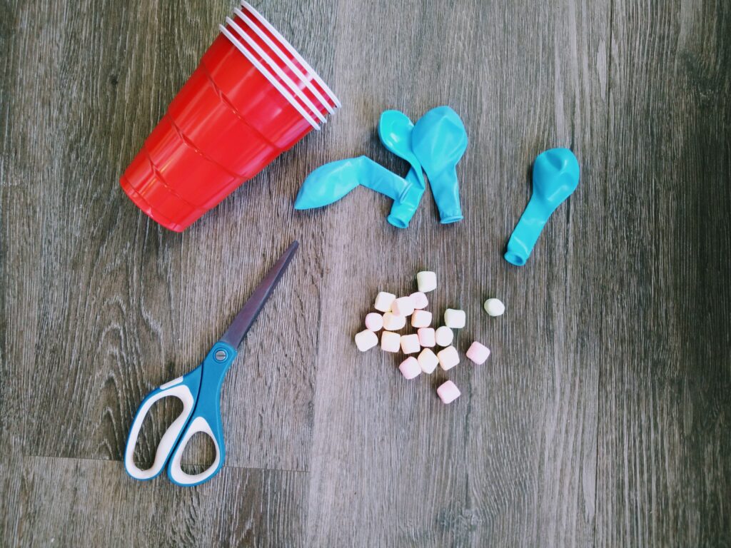 Materials to make the marshmallow shooter: paper cups, balloons, marshmallows and scissors.